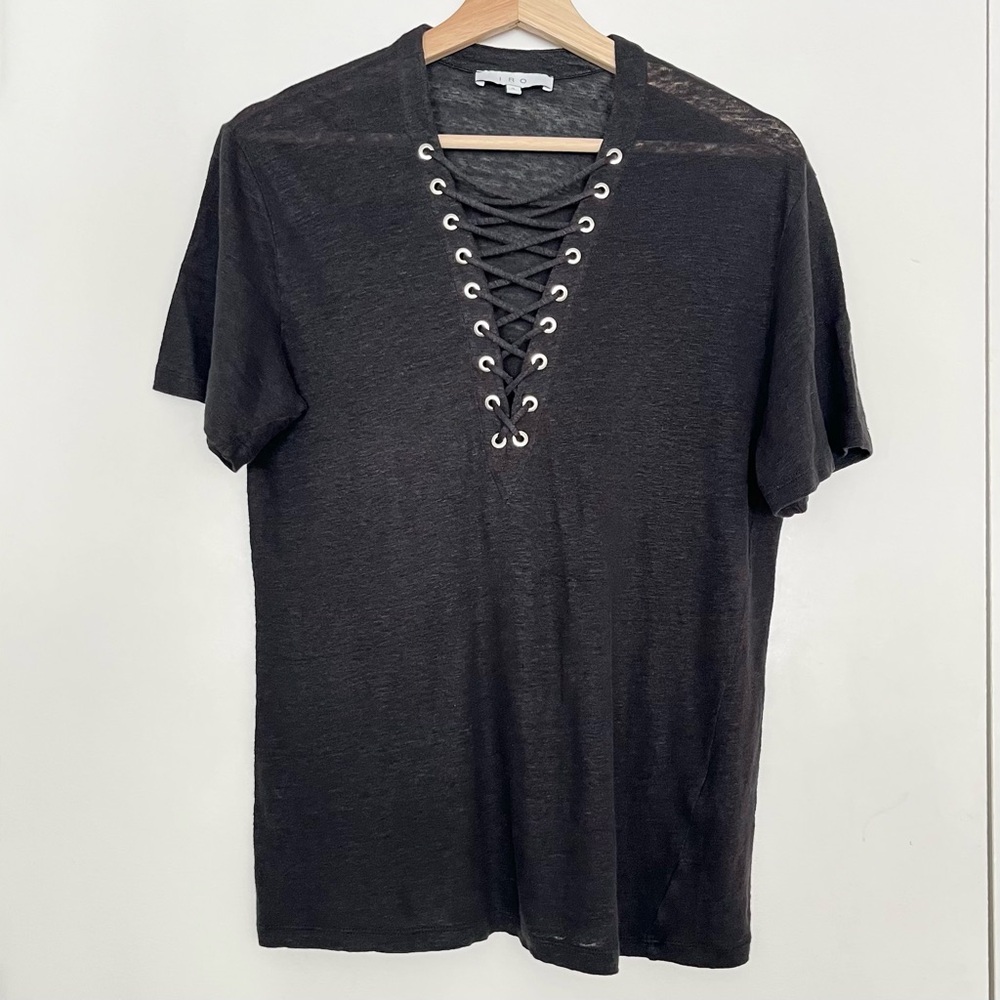 IRO Women's 100% Linen Top Shirt Lace Up Size S Black Relaxed Rock n Roll Edgy